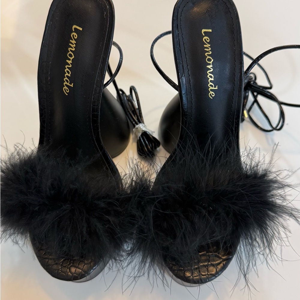 Lemonade Black Feather Platform Slide Heels with Lace-Up Ties